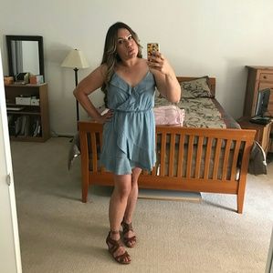 Express chambray Ruffle faux wrap dress